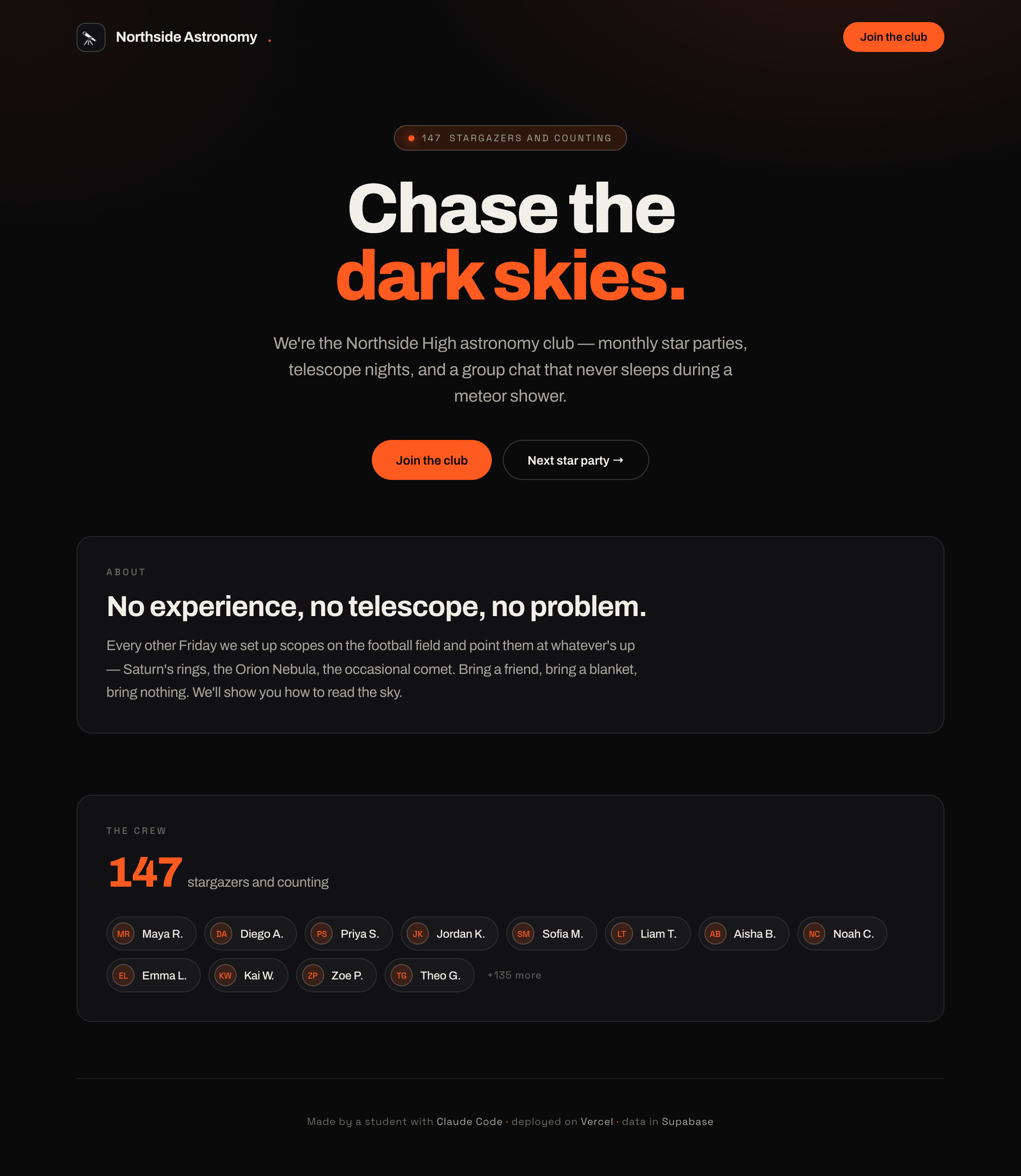 The demo club site showing its member list