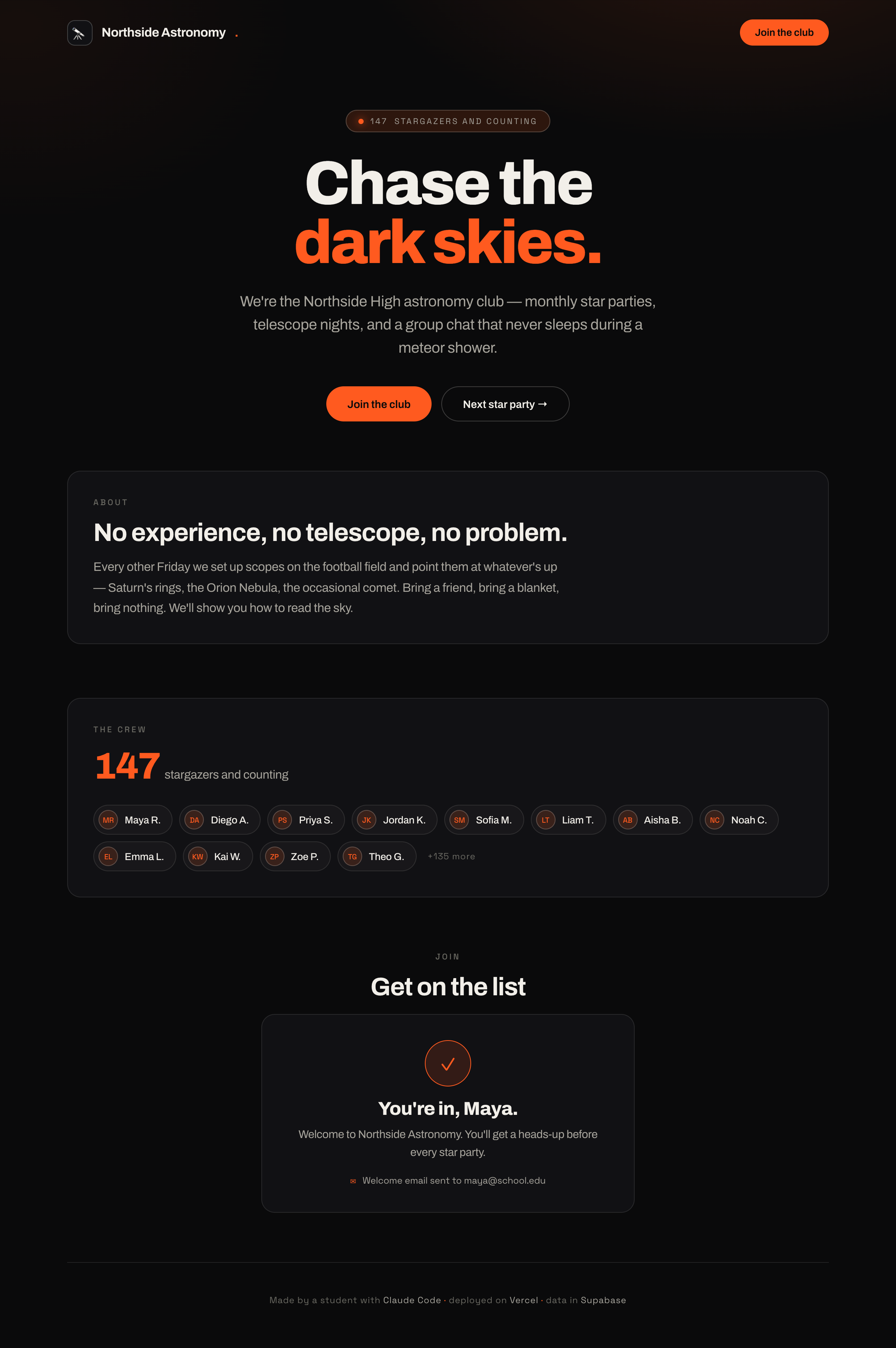 The demo club site confirming a welcome email was sent